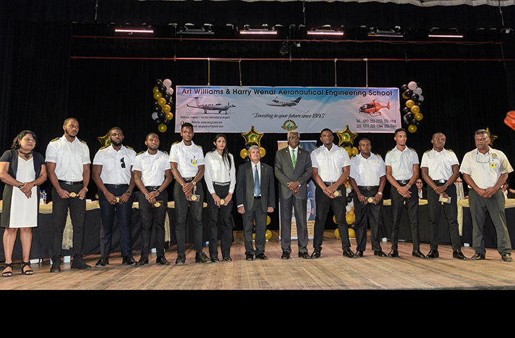 The Director General of the Guyana Civil Aviation Authority, Lieutenant Colonel (retired) Egbert Field and Minister within the Ministry of Public Infrastructure,
Jaipaul Sharma along with the nine graduates who received their Guyana Civil Aviation Authority Aircraft Maintenance Engineer’s Licence