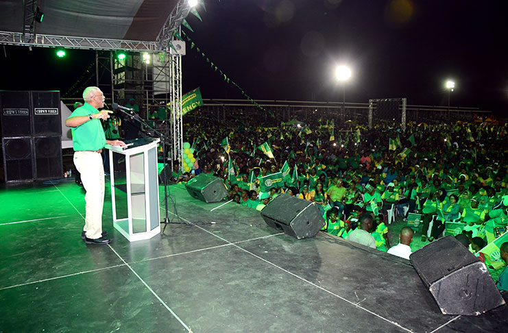 President David Granger addresses the D’Urban Park crowd on Friday (Adrian Narine photo)