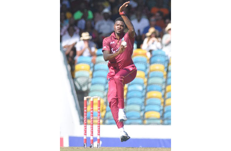 Man-of-the-Match Alzarri Joseph sends down a delivery during his four-wicket haul in the opening ODI against Ireland on Tuesday. (Photo courtesy CWI Media)