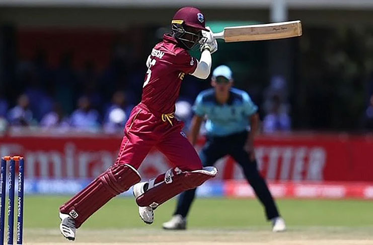 Kevlon Anderson of West Indies hits a ball towards the boundary in his top score of an unbeaten 86 against England. (IBC/Getty Images)