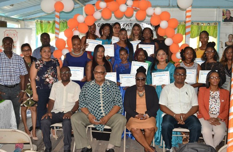 Officials from the Board of Industrial Training, Region 3, Regional Executive Office (REO) and the Graduates at the graduation ceremony held at the Youth with Purpose Training Centre at Crane, West Coast Demerara