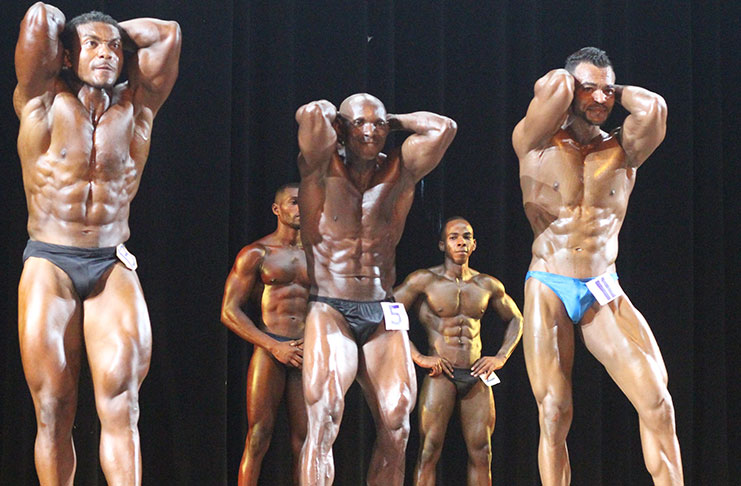 The likes of Carlos Petterson Grifith (left), Mr Guyana Marlon Bennett (centre), Derran Harris (second from right at back) and Caerus Cipriani (right) will have their eyes on the 2020 Mr Guyana title.