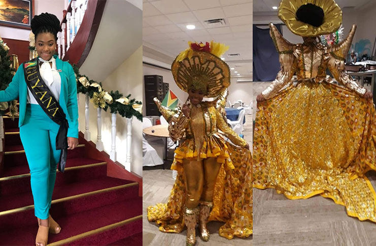 Christal De Jesus representing Guyana in her cultural costume depicting the El Dorado and newly found oil designed by Mwanza Glenn.