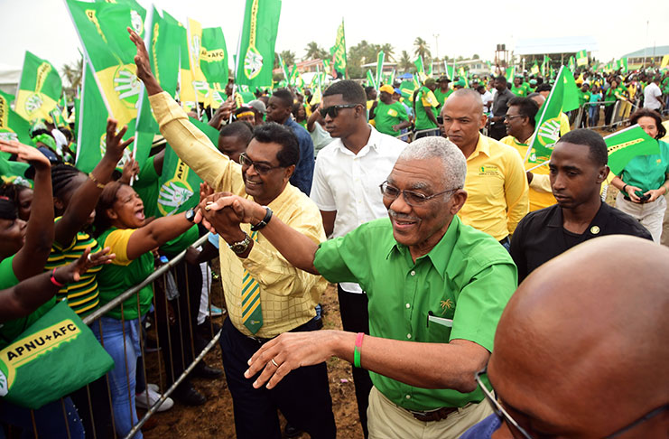 President David Granger greets adoring supporters during a recent elections campaign rally