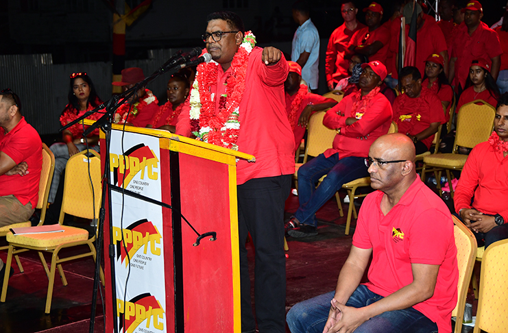 PPP/C’s Presidential Candidate, Irfaan Ali makes a point as Leader of the Opposition, Bharrat Jagdeo and other officials of the party look on (Adrian Narine photo)