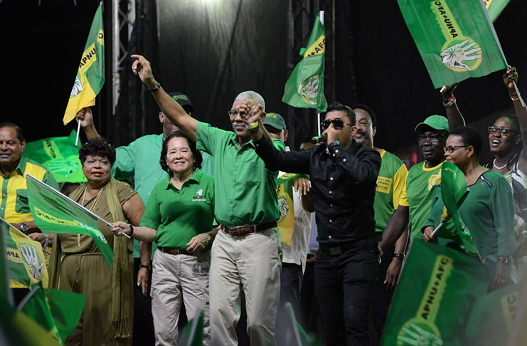 Reigning Chutney Soca Monarch Stephen Ramphal on stage with President David Granger and other party members at the APNU+AFC campaign launch (Delano Williams photo)