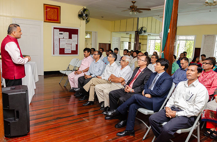 Indian High Commissioner, Dr. K.J. Srinivasa addresses the gathering at the Swamy Vivekanand Cultural Centre on Thursday (Delano Williams photo)