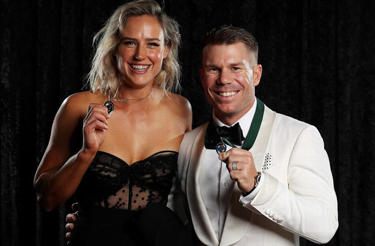 Ellyse Perry, winner of the Belinda Clark medal poses with David Warner, winner of the Allan Border medal Getty Images
