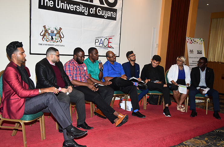 Members of the panel at the Pegasus Hotel on Thursday. Seated from left are: United Republican Party (URP), Avinash Singh; The New Movement, (TNM) Dr. Andrew Hutson; The Citizenship Initiative (TCI), Kobe Cort; A Partnership for National Unity + Alliance For Change (APNU+AFC), Dr. Quincy Jones; the Liberty and Justice (LJP), Davon Van Veen; Change Guyana (CG), Mahendra Pagwah; the A New and United Guyana (ANUG), Carlos Gonsalves and two hosts. (Adrian Narine photo)