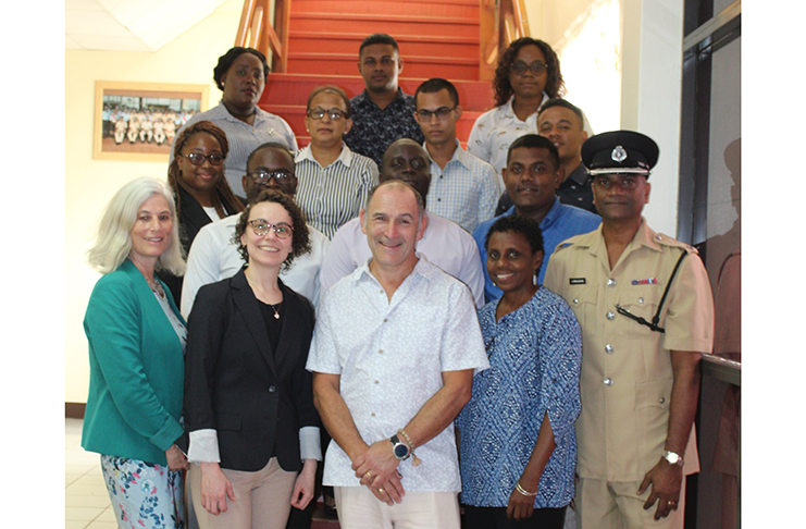 JES Project Director, Evelyn Neaman (at front from left); Project Manager, Galina Sergeeva; JES training expert, Stephen Herman; JES Country Representative, Rolinda Kirton and Press Officer, Superintended Jairam Ramlakhan along with other participants of the training