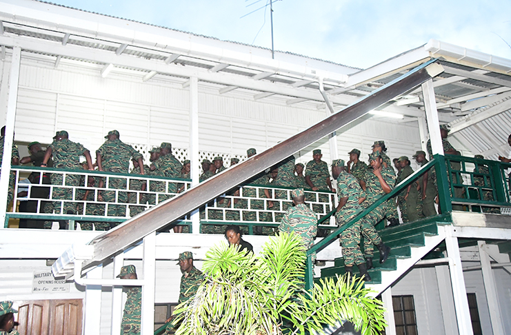 Ranks of the Guyana Defence Force in line to cast their ballots at Base Camp Ayanganna