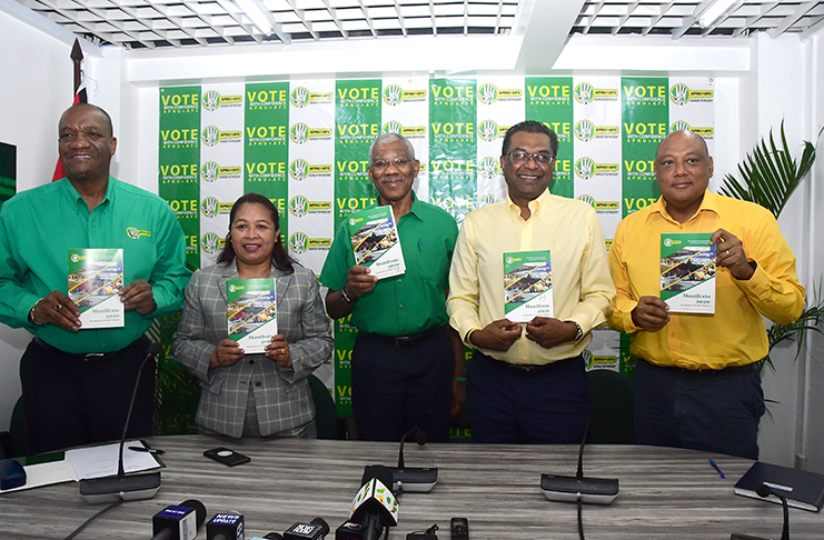 (from left); Director General at the Ministry of the Presidency, Joseph Harmon; Minister of State, Dawn Hastings-Williams; President David Granger; Prime Ministerial Candidate, Khemraj Ramjattan, and AFC Leader, Raphael Trotman display the Coalition’s Manifesto