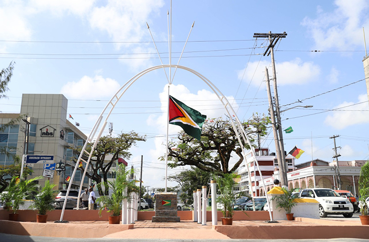 Guyana National Flag`The Golden Arrowhead’ mounted at the recommissioned Republic Arch at the intersection of the Avenue of the Republic and Church Street. The arch was initially built and commissioned on February 21, 1970 to commemorate Guyana’s attaining Republic status.