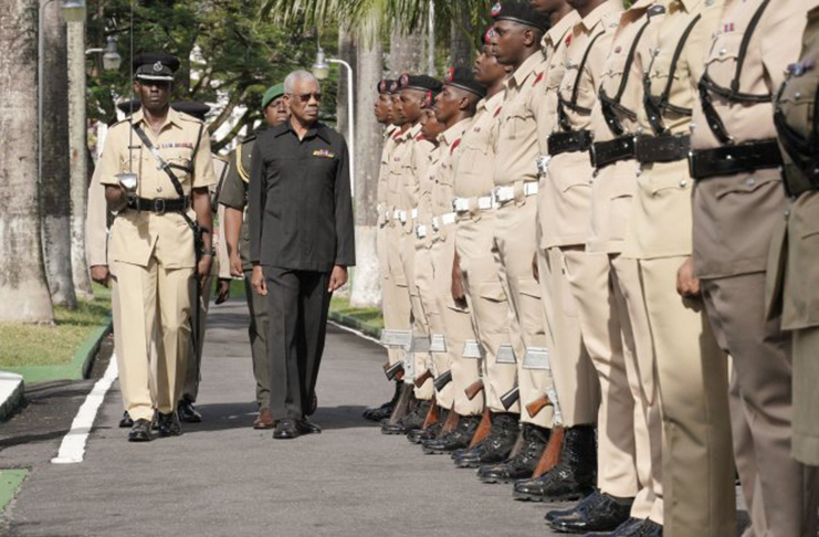 President David Granger inspects the guard of honour ahead of the opening ceremony for the Police Officers conference on January 30, 2020