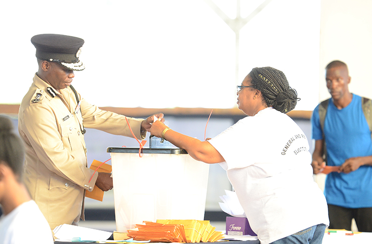 Commissioner of Police, Leslie James, voted at the Police Officers’ Mess Annex, Eve Leary, Georgetown (Delano William photo)