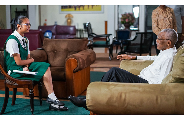 The Bishops’ High School’s Shania Madramuthu, interviewing President Granger