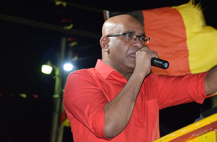 The People’s Progressive Party General Secretary, Bharrat Jagdeo addressing supporters at a public meeting held at Enmore held on Monday night