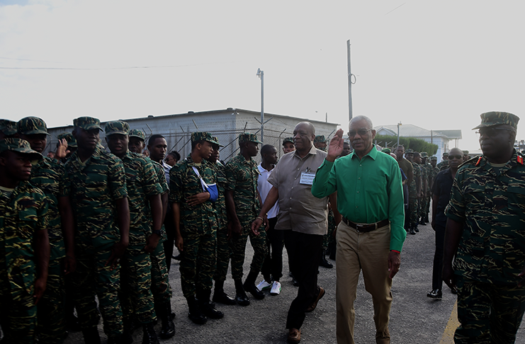 President David Granger and Director General of the Ministry of the Presidency, Joseph Harmon visited  the Guyana Defence Force Headquarters, Camp Ayanganna on Friday to observe voting  (Adrian Narine photo)
