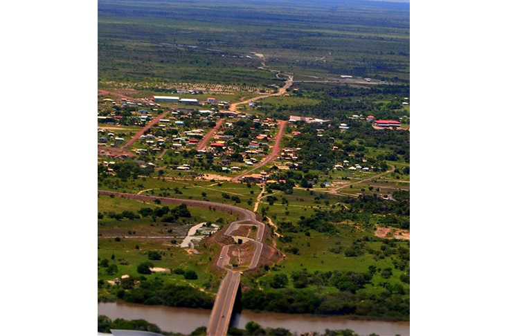 A view of the town of Lethem. In foreground is the Takutu Bridge which links the town with Brazil.