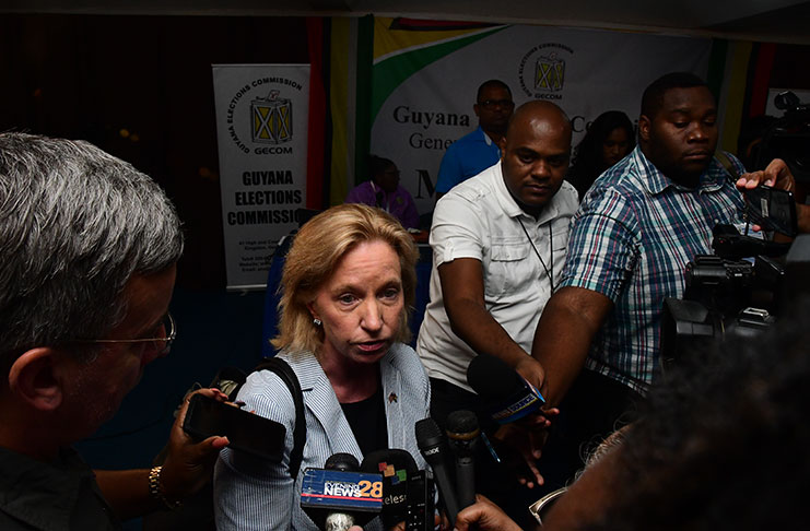 US Ambassador Sarah-Ann Lynch speaking with journalists at GECOM’s Command Centre