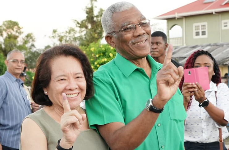President David Granger and First Lady Mrs Sandra Granger voted early Monday at the Pearl Nursery School