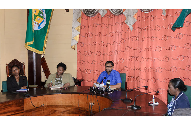 Mayor Ubraj Narine and other City Council officers at the press conference on Monday