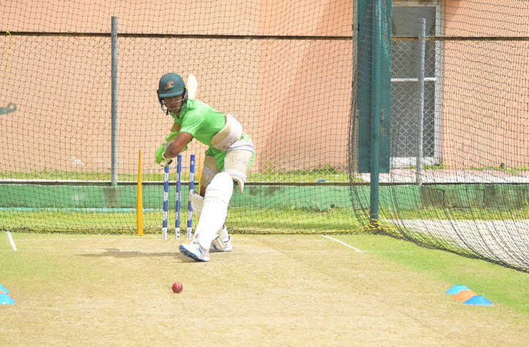 Guyana Jaguars batsman Tevin Imlach hits a few in the nets ahead of today’s clash.