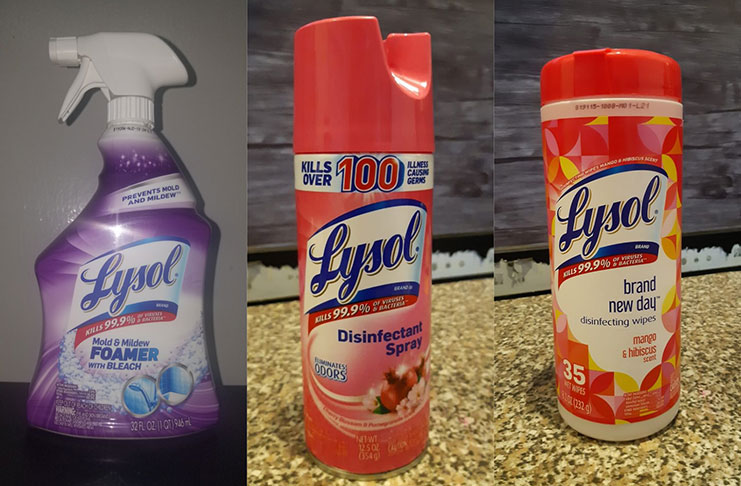 From left: The Lysol spray bought at Mattai’s Supermarket for $1,175; the Lysol spray bought at a Middle Street pharmacy for $3,500; and the Lysol wipes bought at the same pharmacy for $2,000