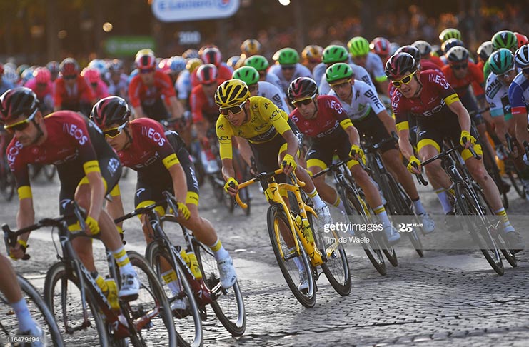 Egan Bernal of Colombia, and Team INEOS yellow leader jersey Geraint Thomas of United Kingdom, and Team INEOS Peloton during the 106th Tour de France 2019 - Stage 21, a 128km stage from Rambouillet to Paris Champs-Élysées - on July 28, 2019 in Paris, France. (Photo by Tim de Waele/Getty Images)