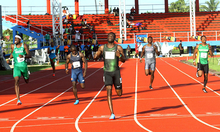 FLASH BACK! Grenada’s Kirani James (centre) crosses the finish line at the National Track and Field Centre in first place, after winning the Men’s 400M in a time of 44.99 seconds, at the 2019 AP Invitational.
