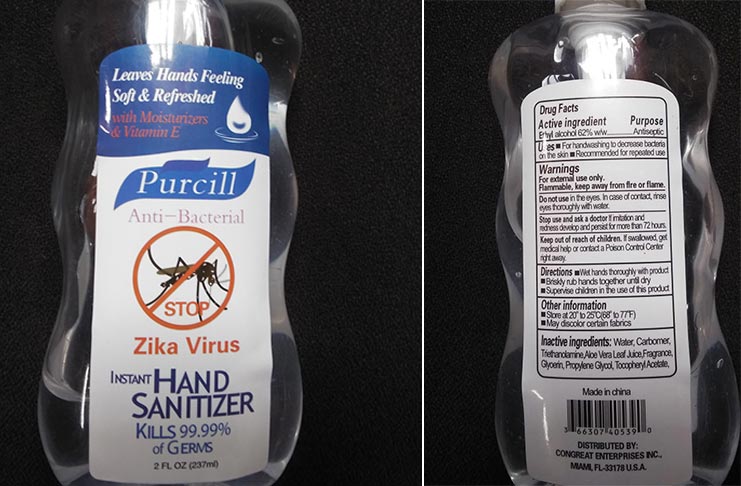 A close-up of a bottle of ‘Purcill’ hand sanitizer, from the back, and front