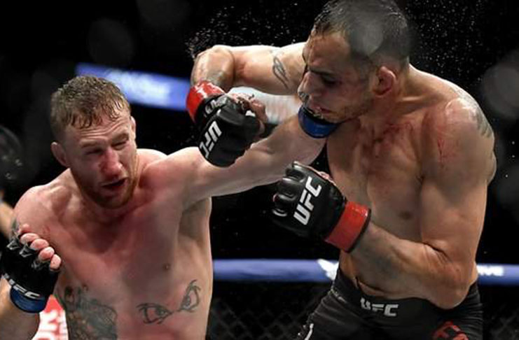 Justin Gaethje (left) on his way to beating Tony Ferguson at UFC 249