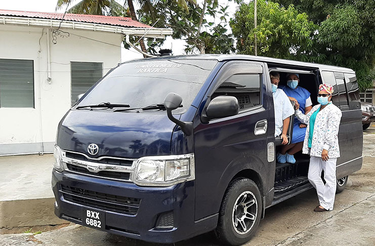 The bus belonging to the Bartica Town Council that is being used to transport frontline workers