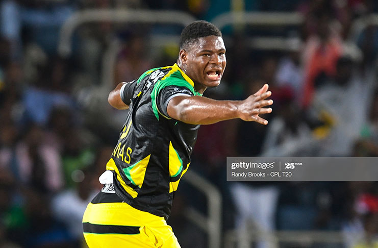 In this handout image provided by CPL T20, Oshane Thomas (Jamaica Tallawahs) celebrates the dismissal of Carlos Brathwaite (St Kitts & Nevis Patriots) during Match 26 of the 2017 Hero CPL at Sabina Park on August 30, 2017 in Kingston, Jamaica. (Photo by Randy Brooks - CPL T20 via Getty Images)