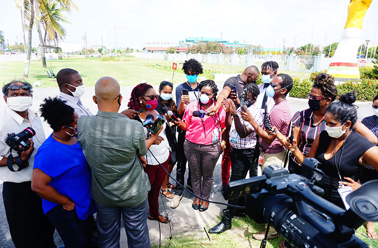 Public Relations Officer of the Guyana Elections Commission, Yolanda Ward, briefs members of the media following Thursday’s recounting exercise (Carl Croker photo)