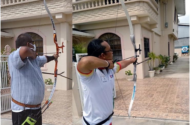 Archers Robert Singh (left) and Nicholas Hing shooting at 30 metres in Stage 10 of last Sunday’s 60x ISOL Remote Shoot.