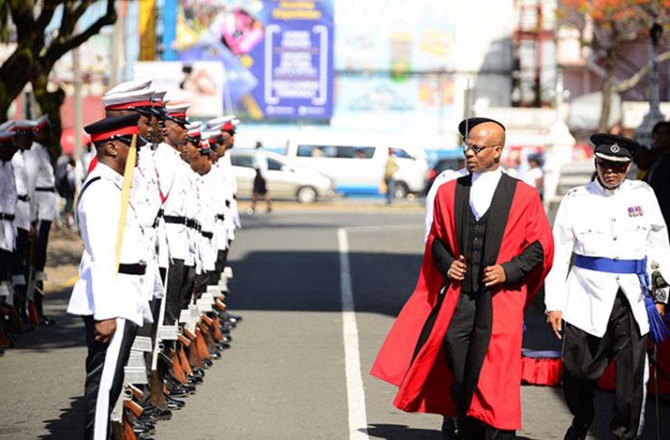 FLASHBACK: Justice Brassington Reynolds inspecting the Guard of Honour during April 2019 Assizes opening ceremony.