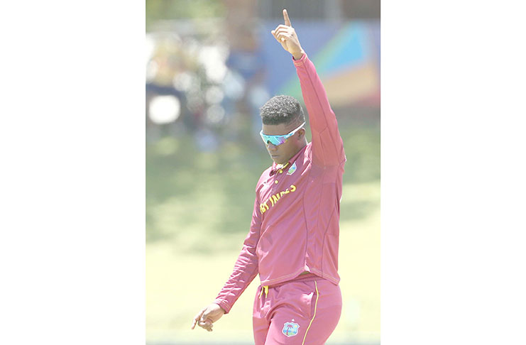Ashmead Nedd celebrates a wicket, v South Africa, Under-19 World Cup, Potchefstroom, February 1, 2020.