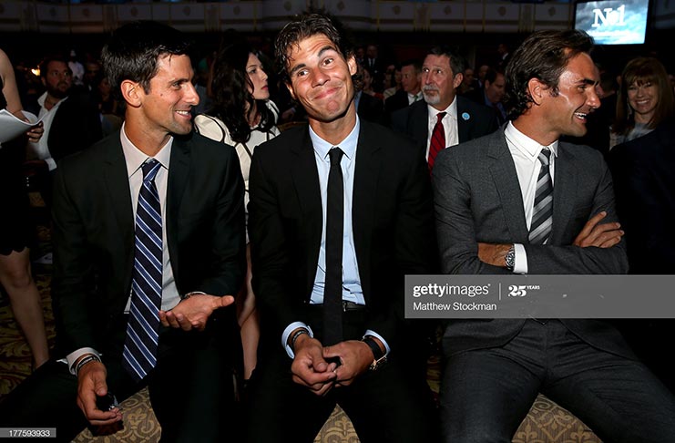 Novak Djokovic of Serbia, Rafael Nadal of Spain and Roger Federer of Switzerland (Photo by Matthew Stockman/Getty Images)