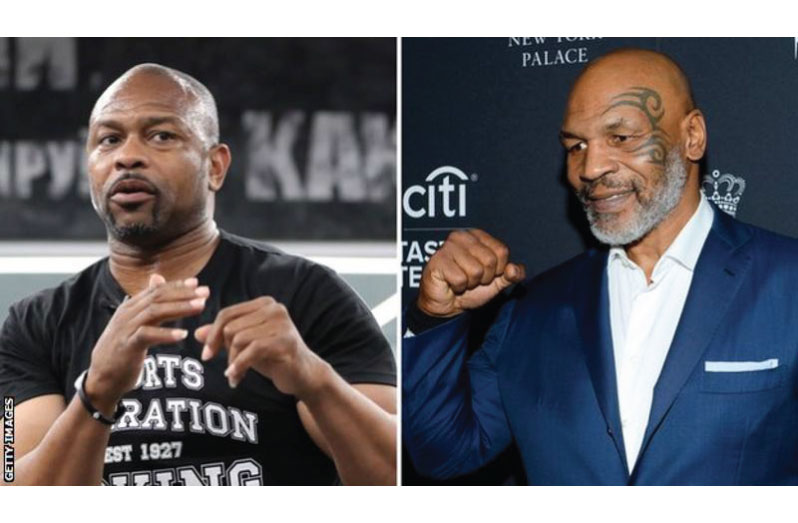 Roy Jones Jr (left) and  Mike Tyson will fight in an eight-round contest.
