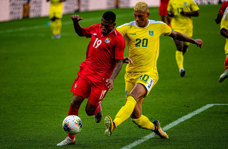 Guyana's Matthew Briggs (#20) in action against Panama at the CONCACAF Gold Cup