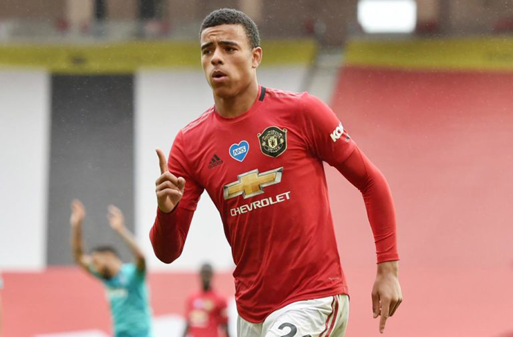 Manchester United's Mason Greenwood celebrates scoring their fourth goal, as play resumes behind closed doors following the outbreak of the coronavirus disease (COVID-19). (Peter Powell/Pool via REUTERS)
