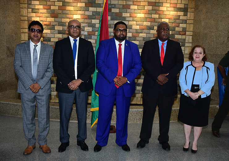 President Dr. Mohammed Irfaan Ali flanked by the newly-appointed Attorney General, Anil Nandlall; Vice-President, Bharrat Jagdeo; Prime Minister Mark Phillips and Minister of Parliamentary Affairs and Governance, Gail Teixeira. (Photo by Adrian Narine)