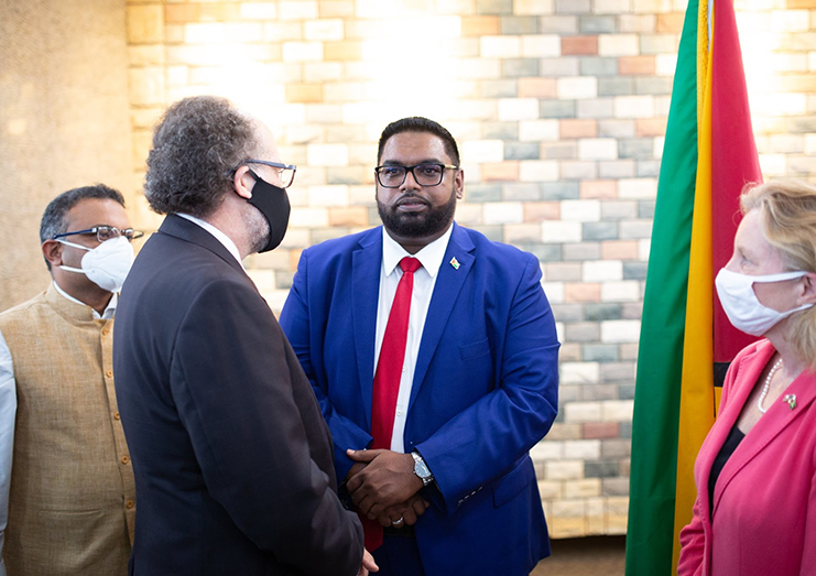 CARICOM Secretary-General, Ambassador Irwin LaRocque, congratulates President Dr. Irfaan Ali following his swearing-in ceremony, Sunday