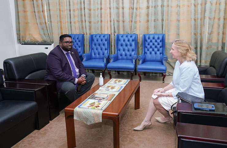 US Ambassador to Guyana, Ms Sarah-Ann Lynch in conversation with President Irfaan Ali at his office recently