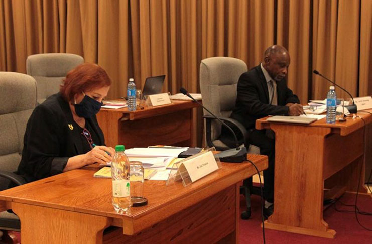 Representative of the People’s Progressive Party/Civic, Gail Teixeira; Foreign Secretary and Agent of Guyana in the case before the International Court of Justice (ICJ), Carl B. Greenidge, viewing the hearing at the ICJ.