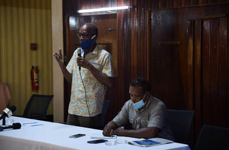 Minister of Labour, Joseph Hamilton speaking to RUSAL workers at the Watooka Guest House during their meeting in Linden on Saturday