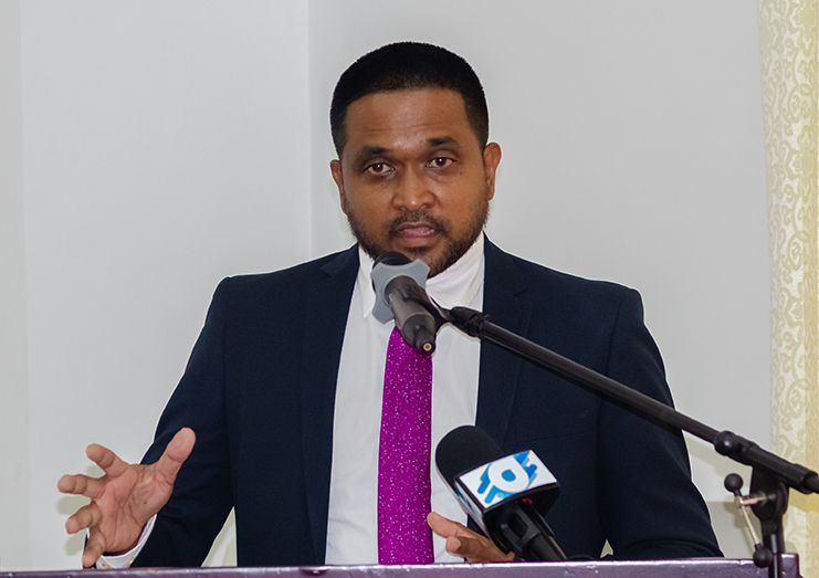 Minister of Local Government and Regional Development, Nigel Dharamlall, briefing the media at the Arthur Chung Conference Centre on Monday (Delano Williams)