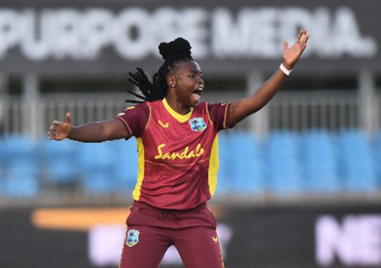 Fast bowler Aaliyah Alleyne celebrates one of her two wickets during Monday’s fourth T20 International against England.