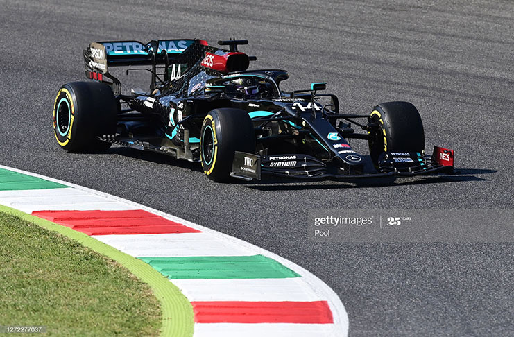 Lewis Hamilton of Great Britain driving the (44) Mercedes AMG Petronas F1 Team Mercedes W11 on track during the F1 Grand Prix of Tuscany at Mugello Circuit on September 13, 2020 in Scarperia, Italy.